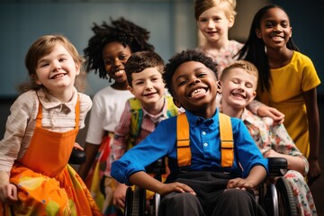 diverse kids hugging at school and posing for photo. Inclusive education banner, candid moment.
 - obrazy, fototapety, plakaty