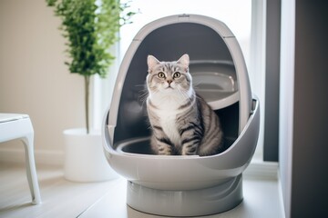 cat using innovative automatic kitten toilet at futurist minimal home - obrazy, fototapety, plakaty