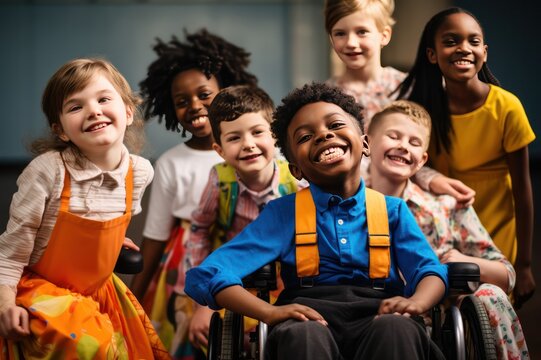 diverse kids hugging at school and posing for photo. Inclusive education banner, candid moment.
