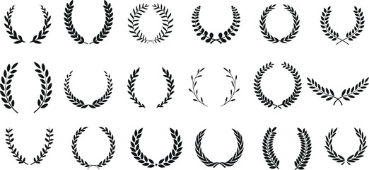 Laurel Wreath Vector illustration, .Elegant Set isolated on white. Perfect for logos, badges, labels. Various styles: traditional, classical, antique. Ideal for emblem, award, victory, honor, triumph - obrazy, fototapety, plakaty