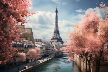 Gordijnen Eiffel Tower in Paris in spring pink sakura trees in bloom © Dina