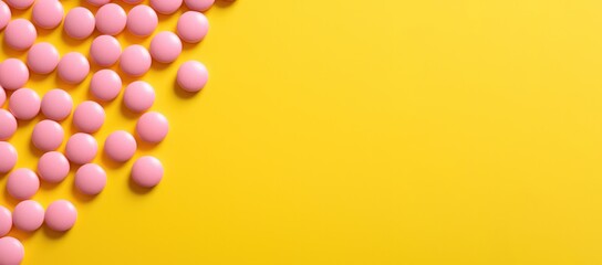 pink pills on yellow background copy space right banner. Medicine, treatment, capsule for curing disease. Pharmaceutical business and trial research.