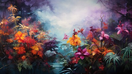 Obraz na płótnie Canvas a painting of a forest filled with lots of different types of flowers and plants on a blue, purple, and pink background. generative ai
