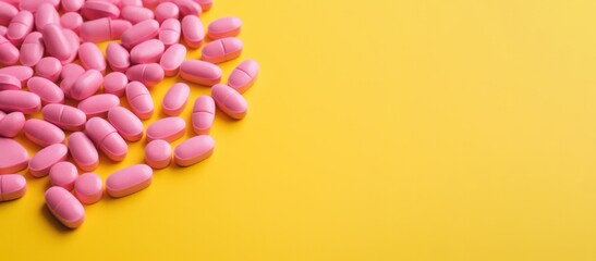 Obraz premium pink pills on yellow background copy space right banner. Medicine, treatment, capsule for curing disease. Pharmaceutical business and trial research.