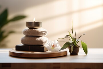 Objects of massage spa centre salon on table top. - obrazy, fototapety, plakaty