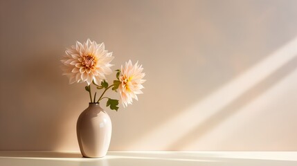 Vase of dahlia flowers with light reflection on it, set against an empty wall background. Aesthetic minimalism, rendered in a soothing palette of beige, natural, and neutral colors.