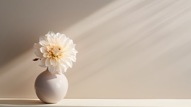 Vase of dahlia flowers with light reflection on it, set against an empty wall background. Aesthetic minimalism, rendered in a soothing palette of beige, natural, and neutral colors.