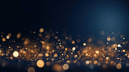 Christmas Golden light shine particles bokeh on navy blue background. Holiday concept. Abstract background with Dark blue and gold particle. - obrazy, fototapety, plakaty