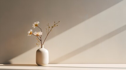 Drawing with vase of flowers with light reflection on it, set against an empty wall background. Aesthetic minimalism, rendered in a soothing palette of beige, natural, and neutral colors.