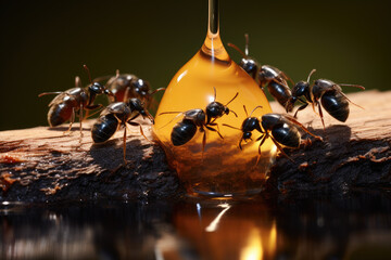 Ants eating honey drop, teamwork concept