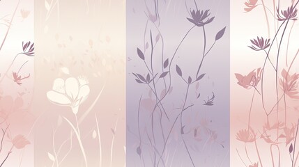  a set of three vertical striped wallpapers with flowers and plants in pastel pinks and purples.  generative ai
