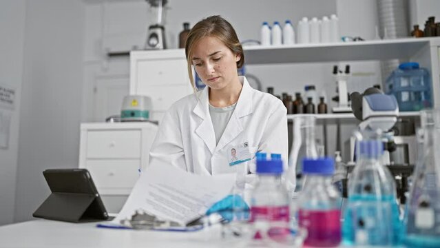 Serious young blonde woman scientist engrossed in research, holding test tube and taking notes on clipboard in bustling medical laboratory.