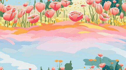  a painting of pink tulips in a field with a blue sky in the background and clouds in the foreground.  generative ai