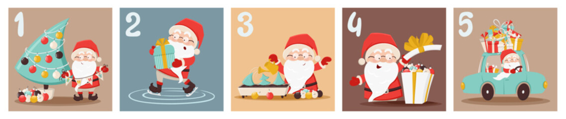Cute advent calendar with Santa Claus, gift boxes, new year tree, presents, snow in cartoon style. Day 1, 2, 3, 4, 5. Countdown till 25. Christmas, New Year coloured vector illustration - obrazy, fototapety, plakaty