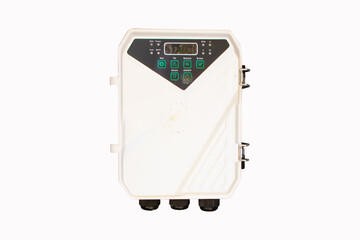 Old solar cell deep well pump box isolated on white background. For use in pumping water or liquids...