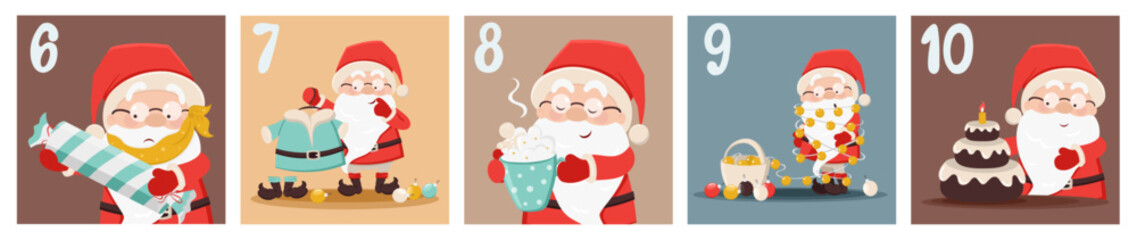 Cute advent calendar with Santa Claus, gift boxes, new year tree, presents, snow in cartoon style. Day 6, 7, 8, 9, 10. Countdown till 25. Christmas, New Year coloured vector illustration - obrazy, fototapety, plakaty