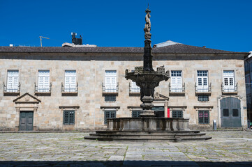 Minho University and Castle Fountain at Largo do Paco, Braga, Portugal, selective focus