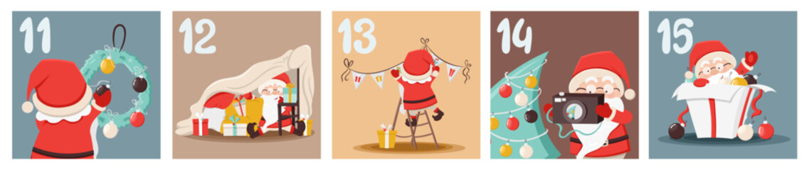 Cute advent calendar with Santa Claus, gift boxes, new year tree, presents, snow in cartoon style. Day 11, 12, 13, 14, 15. Countdown till 25. Christmas, New Year coloured vector illustration