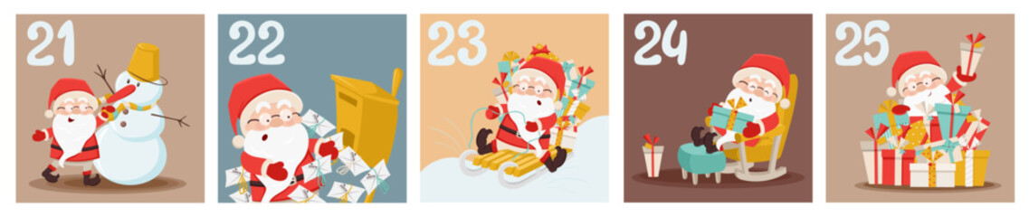 Cute advent calendar with Santa Claus, gift boxes, new year tree, presents, snow in cartoon style. Day 21, 22, 23, 24, 25. Countdown till 25. Christmas, New Year coloured vector illustration