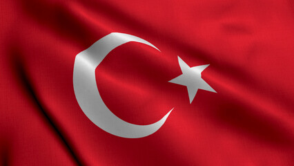 Turkey Flag. Waving  Fabric Satin Texture Flag of Turkey 3D illustration. Real Texture Flag of the Republic of Turkiye