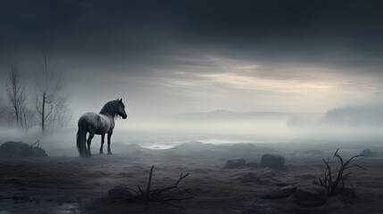  a horse standing in the middle of a field on a foggy day with a dark sky in the background.  generative ai