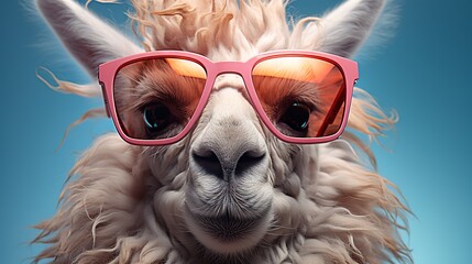 Portrait of a goat in pink glasses isolated on a blue background