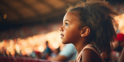 side view of little girl watching sport in stadium in awe - obrazy, fototapety, plakaty