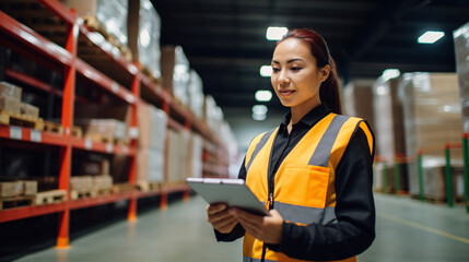 Female staff using digital tablet in warehouse. This is a freight transportation and distribution warehouse. Industrial and industrial workers concept