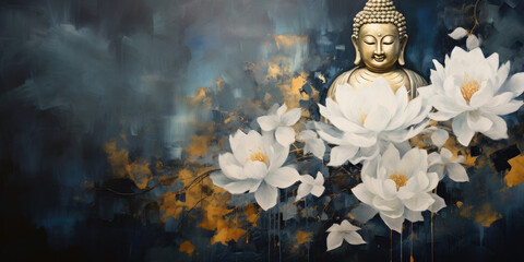 painting of golden buddha statue with white flowers