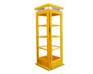 Old yellow phone booth isolated on cut out PNG. Public telephone booth Designed by Sir Gilles Gilbert Scott, familiar symbol on UK road (yellow telephone box).