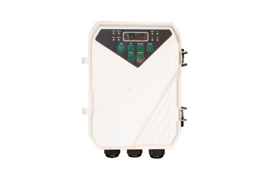Old solar cell deep well pump box isolated on cut out PNG. For use in pumping water or liquids from artesian wells. Helps reduce cost of using oil to generate electricity to pump water.
