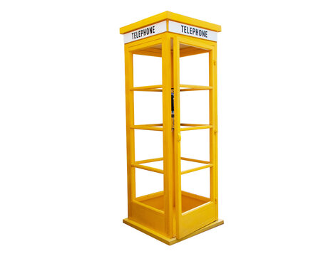 Old yellow phone booth isolated on cut out PNG. Public telephone booth Designed by Sir Gilles Gilbert Scott, familiar symbol on UK road (yellow telephone box).