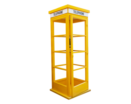 Old yellow phone booth isolated on cut out PNG. Public telephone booth Designed by Sir Gilles Gilbert Scott, familiar symbol on UK road (yellow telephone box).