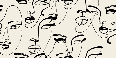 Seamless pattern line drawing of women with different faces.
