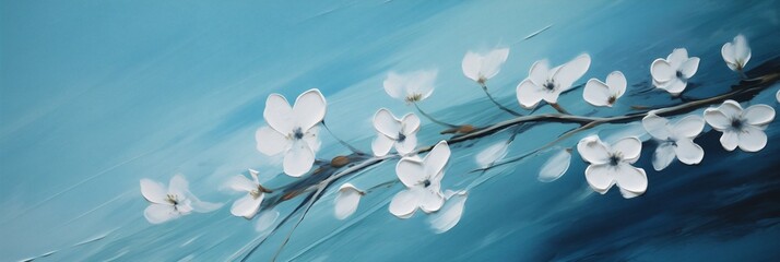 Minimal white blossom flowers blooming on a branch with cloudy ocean blue background, panoramic palette knife impasto painting.