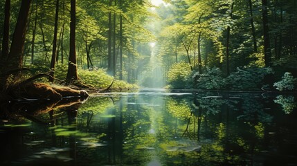 Fototapeta premium a forest filled with lots of trees and a body of water surrounded by lush green grass and a forest filled with lots of trees. generative ai