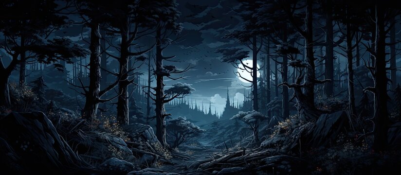 Moonlit tree trunks in a dark forest