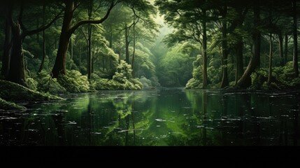 Fototapeta na wymiar a painting of a green forest with a river running through the center of the forest and trees on both sides of the river. generative ai