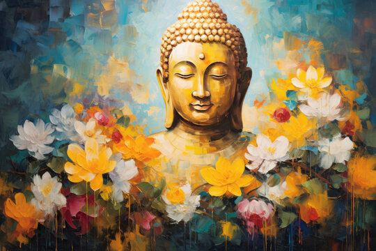 Abtract painting of golden buddha and lotus