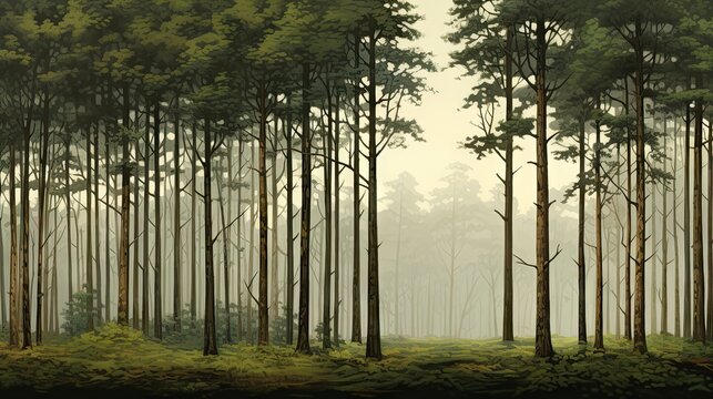  a painting of a group of trees in a forest with fog coming in from the top of the trees and the bottom of the trees.  generative ai