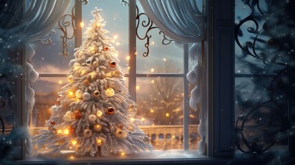  a decorated christmas tree in front of a window with a view of a snowy town and a lit christmas tree.  generative ai