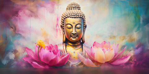 Abtract painting of golden buddha and lotus - obrazy, fototapety, plakaty