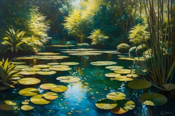 A serene waterscape with a tranquil pond, water lilies, and weeping willow trees, their reflections shimmering in the gentle ripples