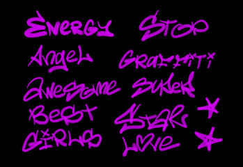 Collection of graffiti street art tags with words and symbols in purple color on black background