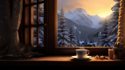  a cup and saucer on a table in front of a window with a view of a snowy mountain range.  generative ai