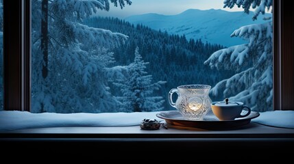  a cup and saucer on a tray in front of a window with a view of the snow covered mountains.  generative ai