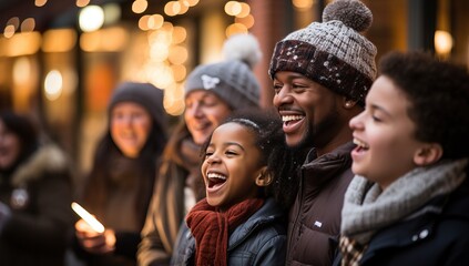 multiethnic group of friends having fun at christmas market in winter