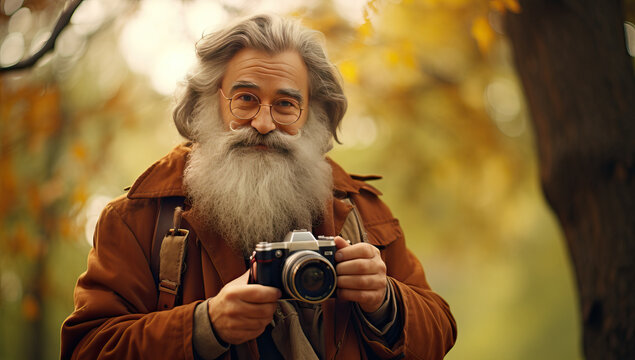Portrait of an elderly man with a camera in the autumn forest