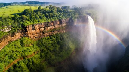 Rainbow Over Waterfall in Lush Green Landscape