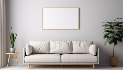 Modern Minimalist Living Room with White Sofa and Empty Picture Frame